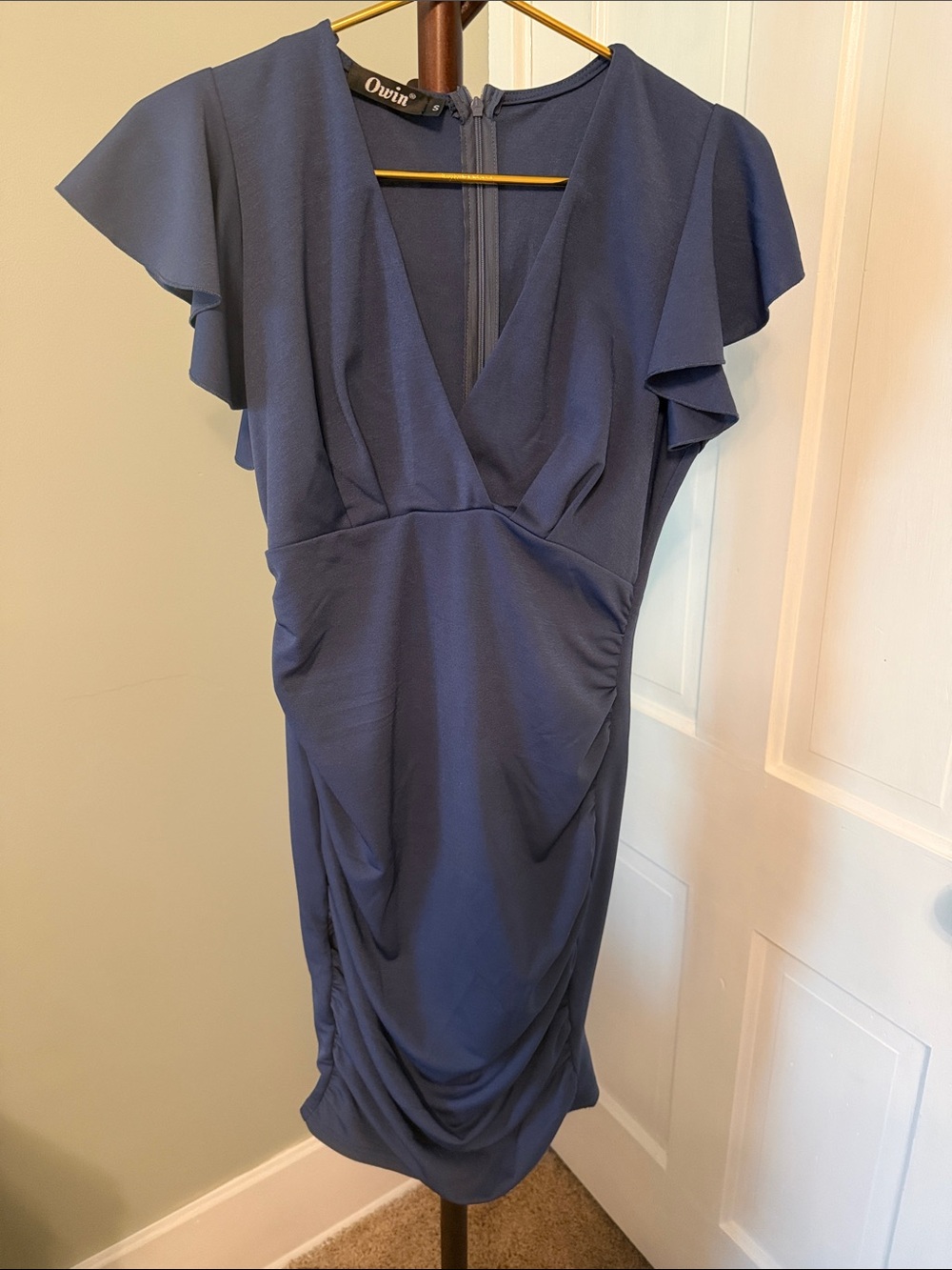Owin Navy V-Neck Flutter Sleeve Sheath Dress
